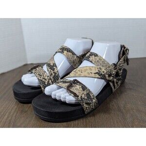 G by Guess Strappy Sandals Womens 8.5 Beige Black Faux Snakeskin Buckle Summer